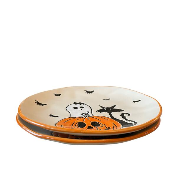 ELI & ANA Halloween Salad Plates 8in Black Cat Bats Ghost Pumpkin Set of 2 New - Picture 4 of 11